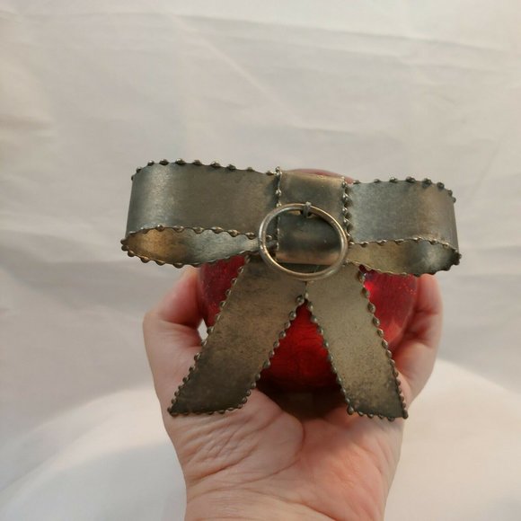 Mercury Glass Kugel Red Crackle Lg 4” Diameter Christmas Ornament Metal Bow Cap - Picture 7 of 7